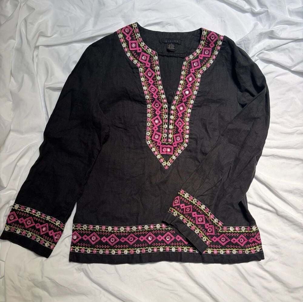 Silkland Women's Black Linen Embroidered Tunic Top Size 10